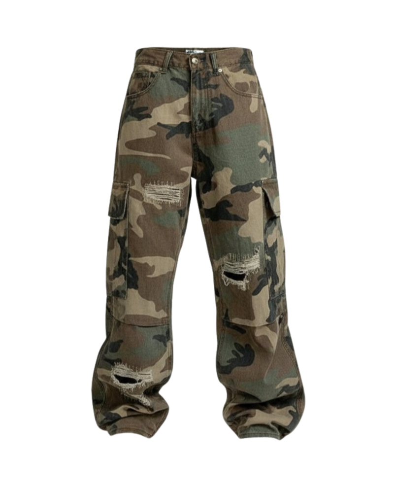 Distressed Camo Cargo Pants